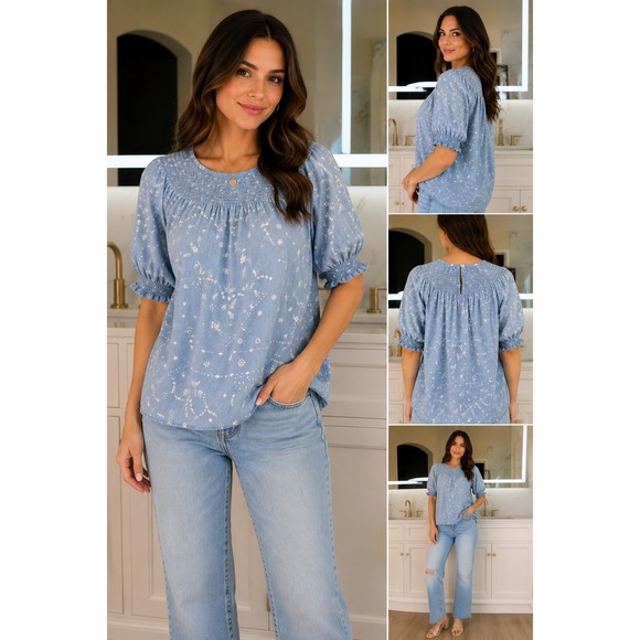 Sonoma Goods For Life Tops - Sonoma Peasant Blouse Womens XL Blue Paisley Smocked Cotton Top